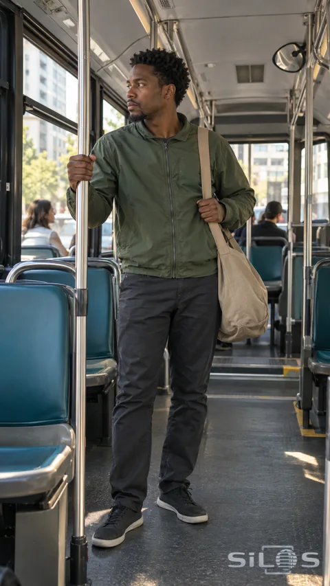 An adult man in a green jacket stands in a bus aisle with one hand around a vertical metal rail and the other on his canvas-bag strap, looking through a daylight window.