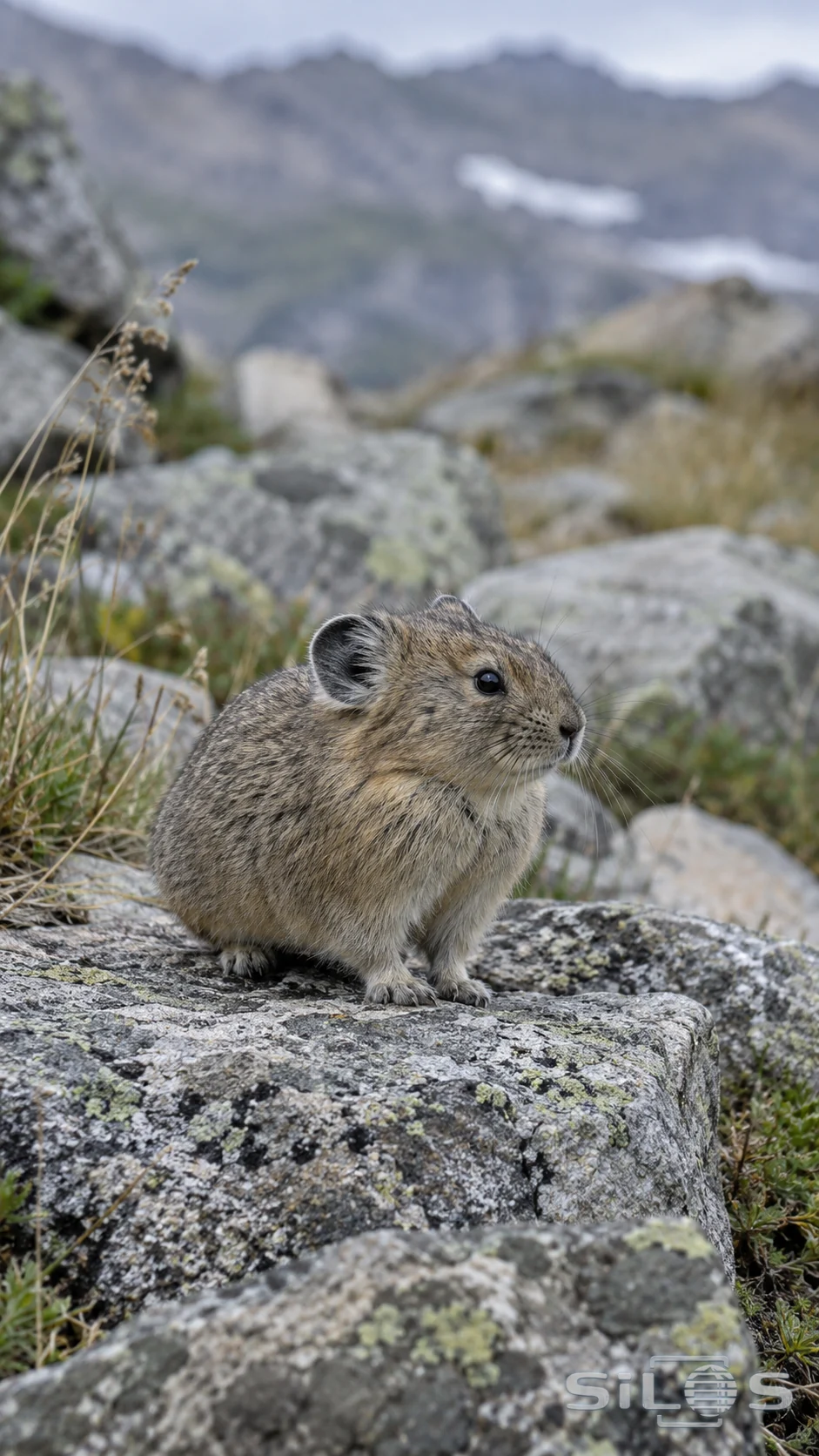 A tan-gray pika with short round ears and small paws sits on a lichen-covered talus stone against a soft mountain backdrop.