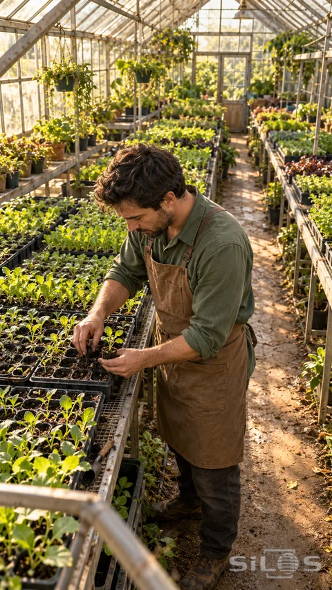 A horticulturist in a brown apron holds a seedling root plug above a tray inside a sunlit greenhouse with long growing benches.