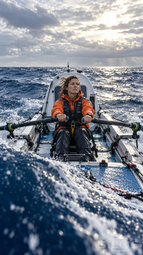 An adult rower in an orange waterproof jacket and dark buoyancy vest grips two oar handles in a small boat on rolling blue water.