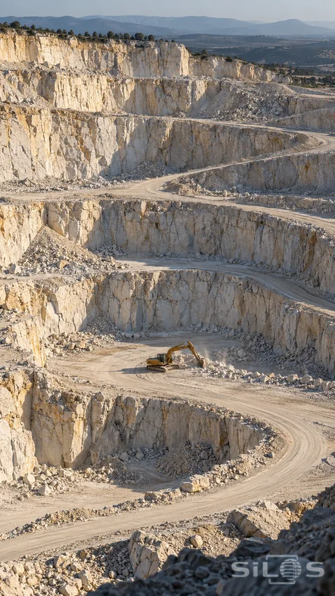 An ochre excavator works a broad terrace below enormous pale limestone quarry walls, with a curving dusty road connecting the benches.
