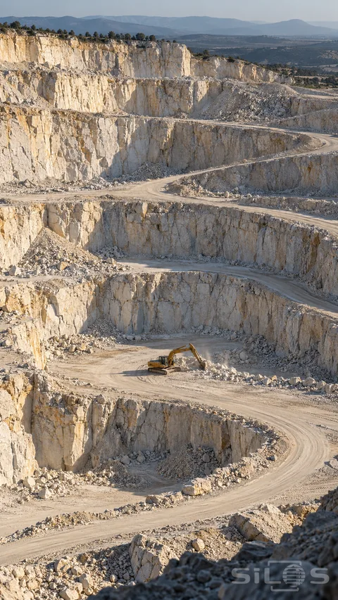 An ochre excavator works a broad terrace below enormous pale limestone quarry walls; with a curving dusty road connecting the benches.
