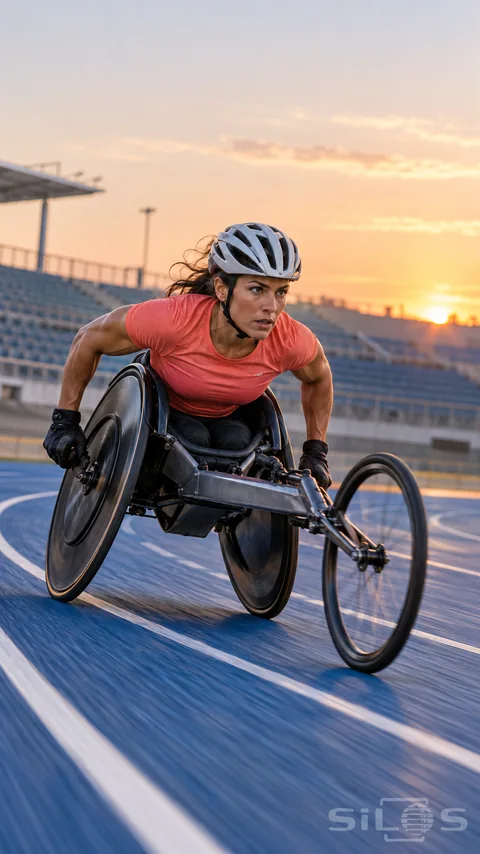 An adult athlete in a coral shirt and helmet propels a three-wheel racing chair around a blue athletics track at sunrise.