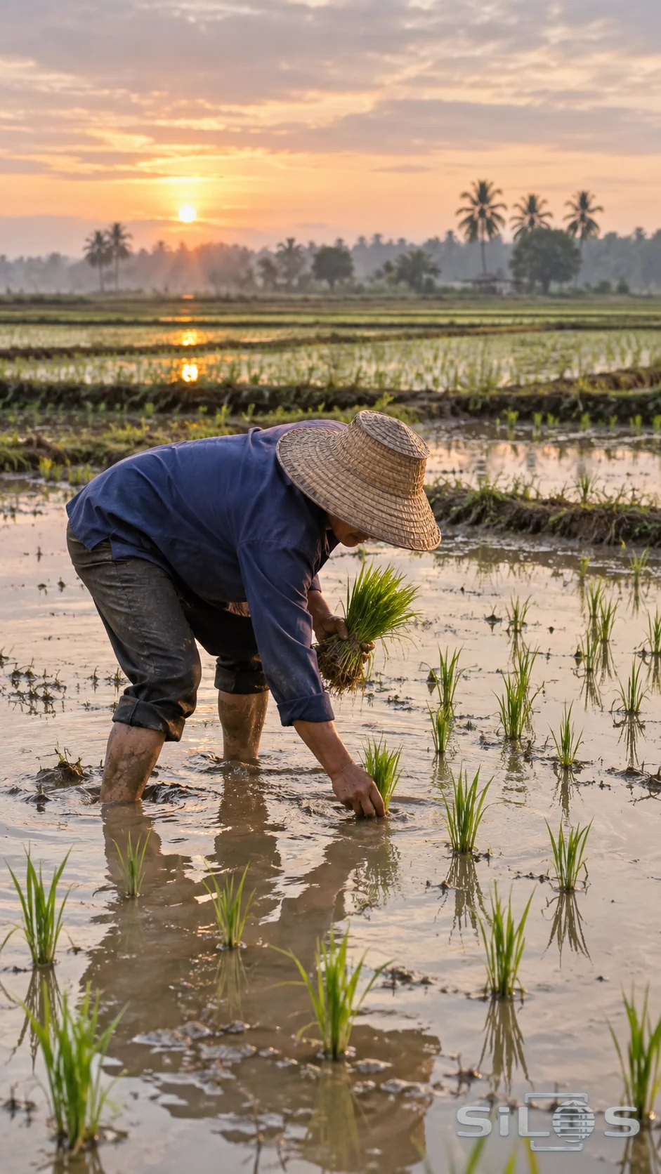 An adult in an indigo shirt and woven hat bends in shallow muddy paddy water, holding a green seedling bundle in one hand and lowering a small tuft with the other, as flat fields reflect morning light.