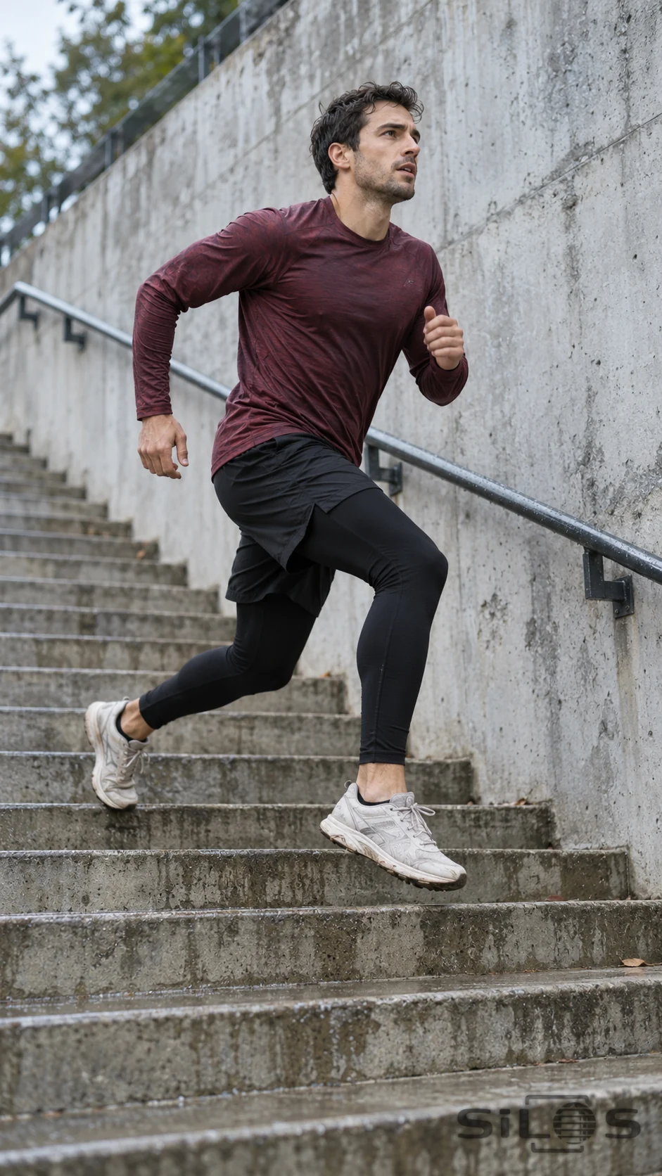 An adult runner in a burgundy top and black tights moves across damp concrete city steps beside a pale retaining wall and steel handrail.
