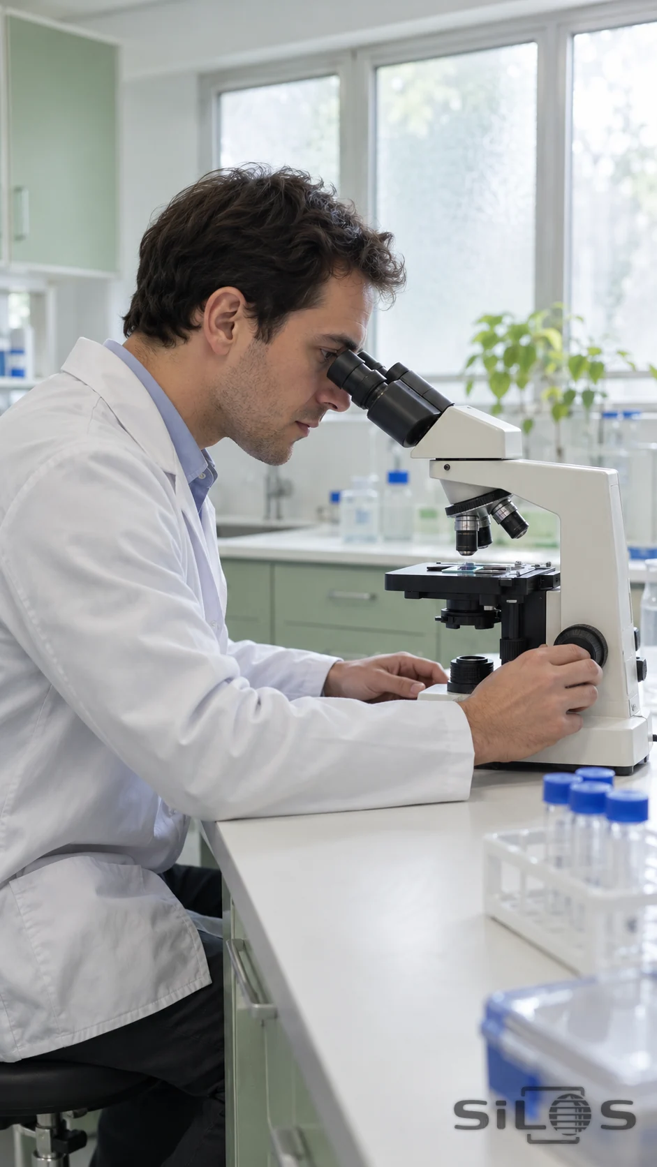 An adult man in a white laboratory coat sits at a pale workbench looking into paired microscope eyepieces, with one hand at the focus knob and the other beside the instrument.