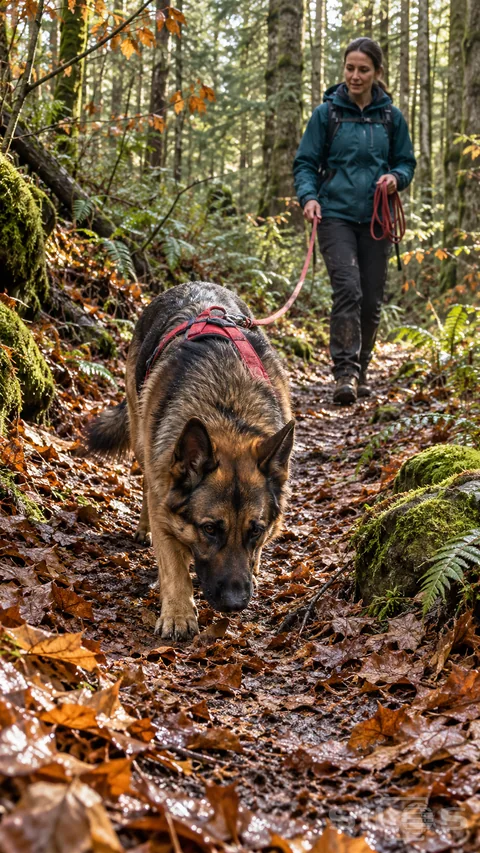 A German shepherd in a red working harness follows a damp leaf-covered forest trail on a tracking line held by an adult handler in teal.
