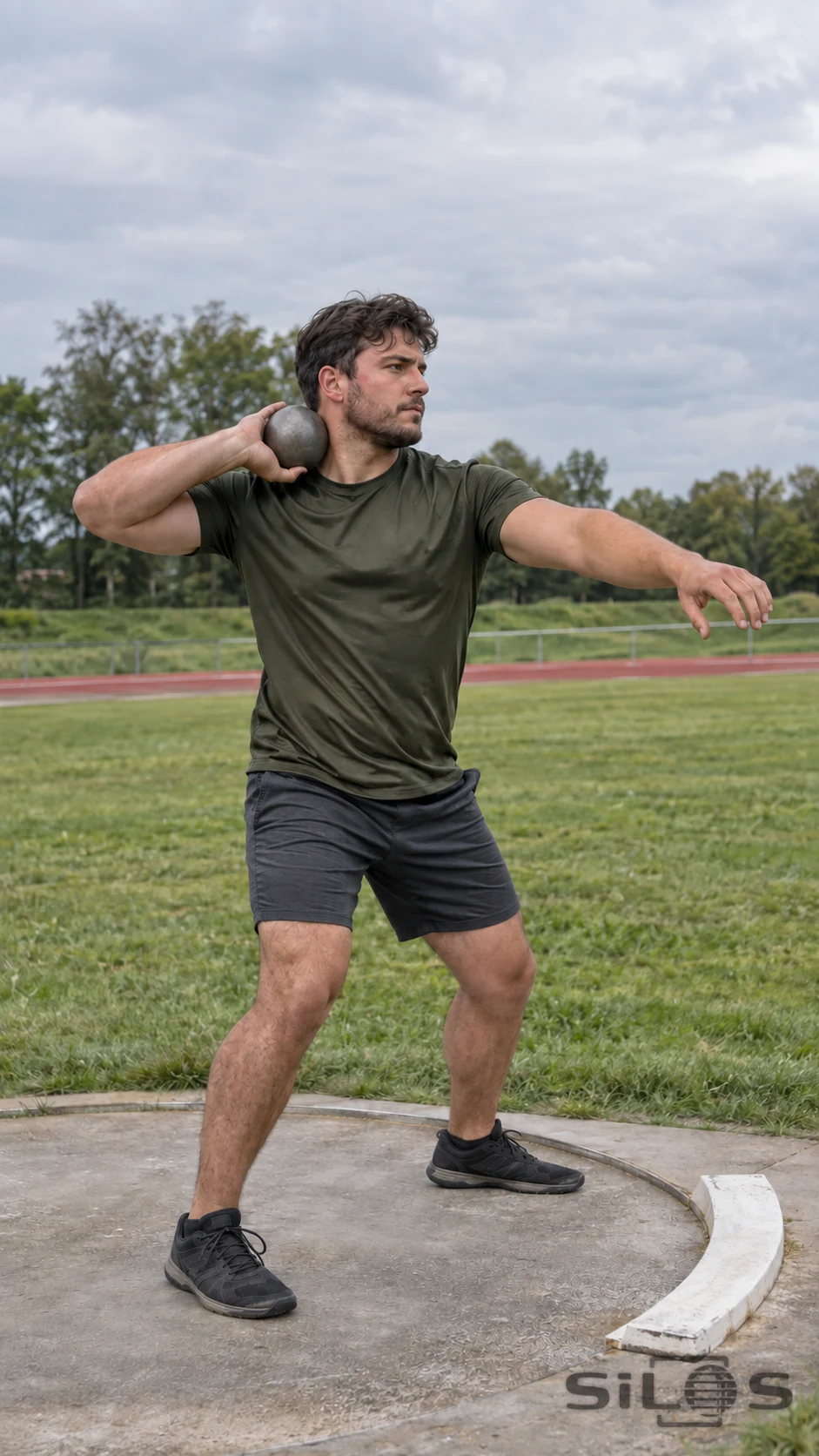 An adult man in an olive shirt and charcoal shorts holds one gray metal shot beside his neck with one bare hand, extending his free arm while standing inside a concrete practice circle beside a curved white toe board.