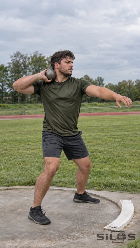 An adult man in an olive shirt and charcoal shorts holds one gray metal shot beside his neck with one bare hand, extending his free arm while standing inside a concrete practice circle beside a curved white toe board.