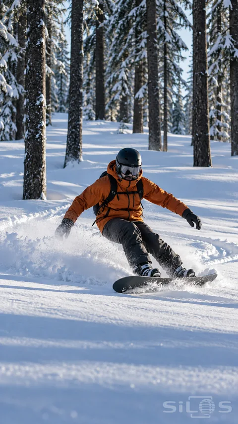 An adult snowboarder in a rust-orange jacket; helmet and goggles carves through fresh snow between conifers; with two boots attached to one dark snowboard and a curling powder spray.