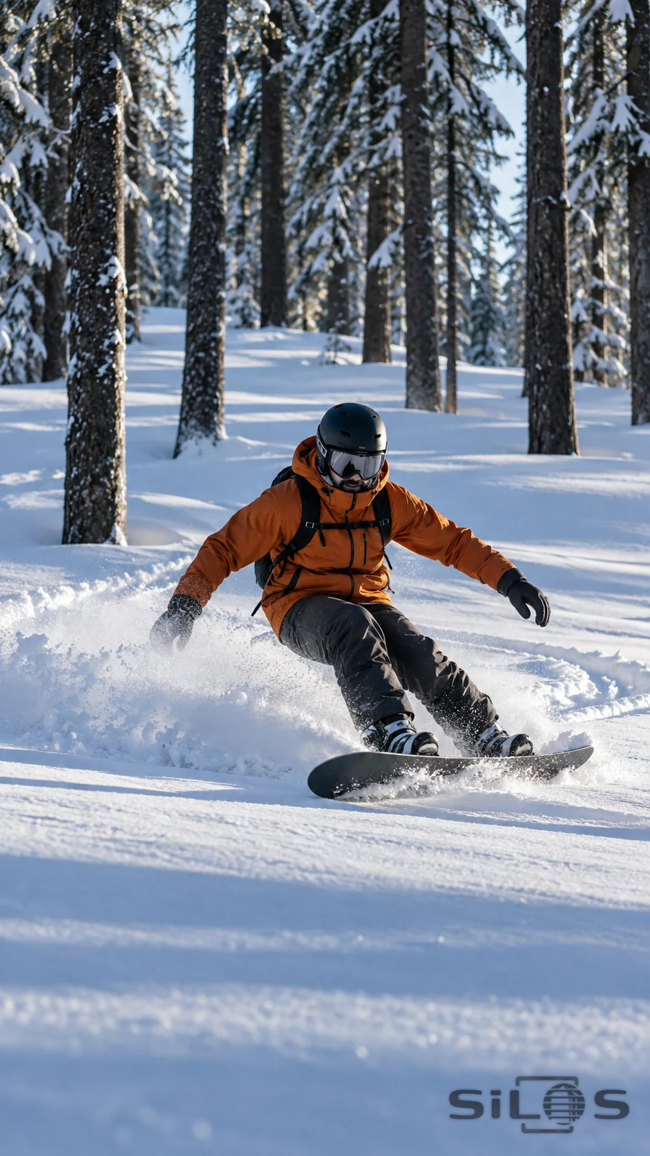 An adult snowboarder in a rust-orange jacket, helmet and goggles carves through fresh snow between conifers, with two boots attached to one dark snowboard and a curling powder spray.