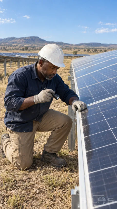A hard-hatted solar technician kneels beside a blue-black photovoltaic panel; holding a small flashlight and steadying its aluminum edge in a dry field.