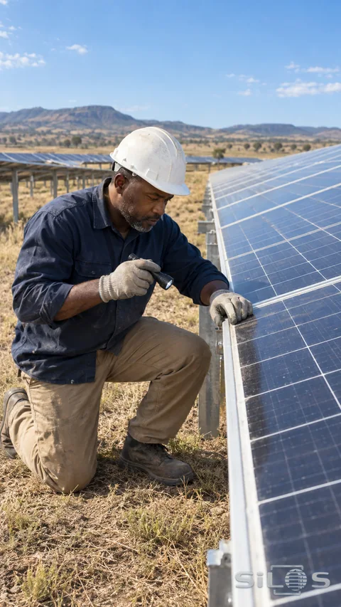 A hard-hatted solar technician kneels beside a blue-black photovoltaic panel, holding a small flashlight and steadying its aluminum edge in a dry field.