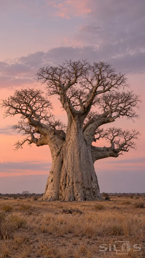 An immense leafless baobab with a thick weathered gray trunk spreads irregular branches over a dry ochre plain beneath pink and lavender dusk clouds.