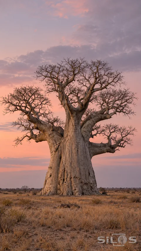 An immense leafless baobab with a thick weathered gray trunk spreads irregular branches over a dry ochre plain beneath pink and lavender dusk clouds.