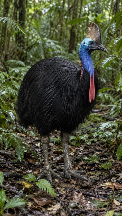 A cassowary with a brown casque; blue neck; two red wattles and shaggy black body stands on two gray feet among wet rainforest leaves.