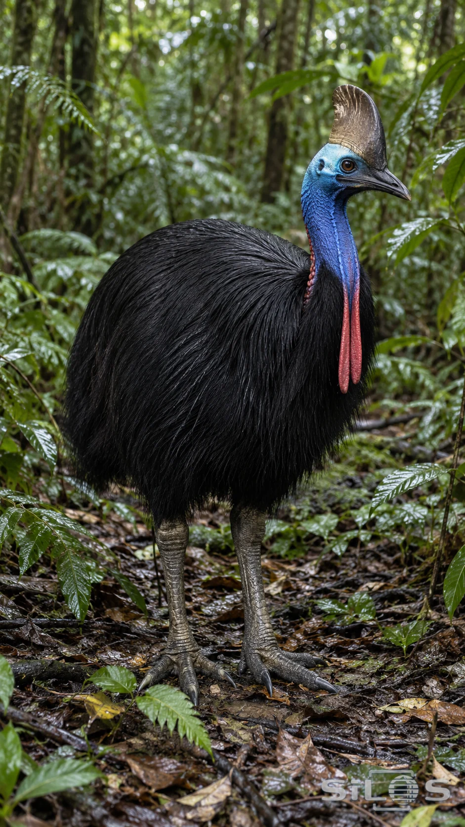 A cassowary with a brown casque, blue neck, two red wattles and shaggy black body stands on two gray feet among wet rainforest leaves.