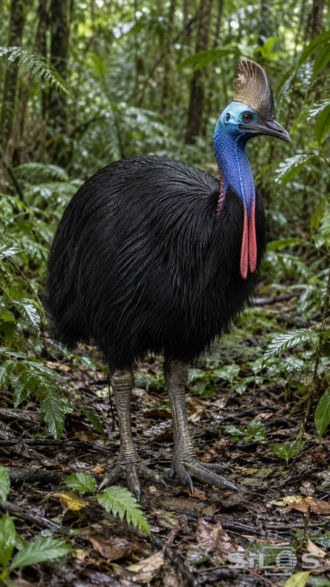 A cassowary with a brown casque, blue neck, two red wattles and shaggy black body stands on two gray feet among wet rainforest leaves.