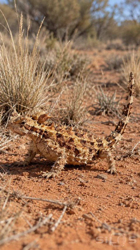 A tan-orange thorny-devil lizard rests on red sand with a blunt snout; conical body spines; grounded small legs and a raised spiny tail; near sparse dry grass.