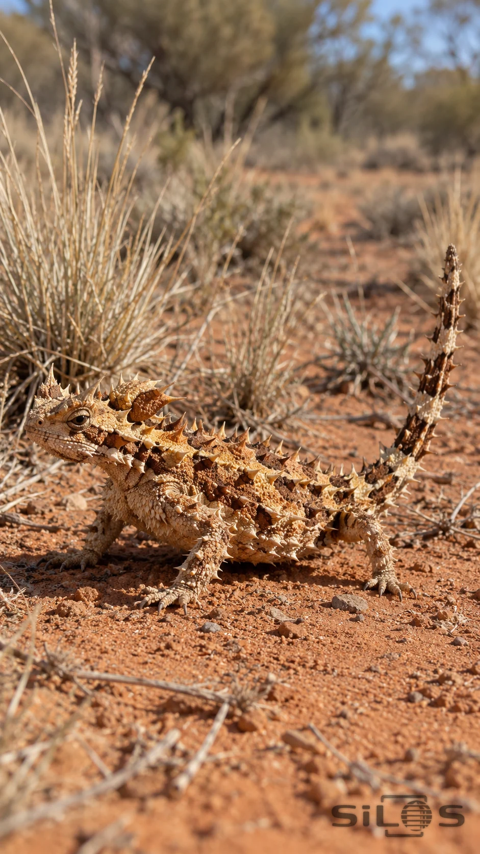 A tan-orange thorny-devil lizard rests on red sand with a blunt snout, conical body spines, grounded small legs and a raised spiny tail, near sparse dry grass.
