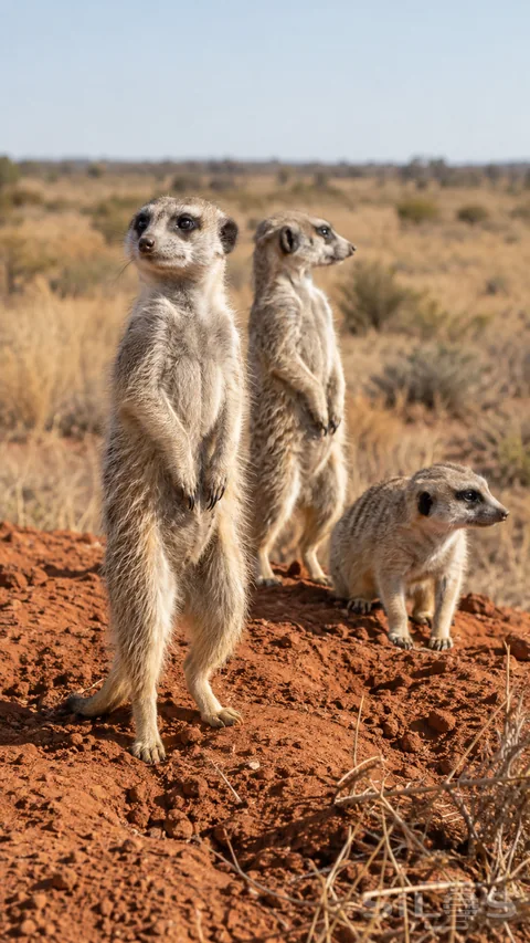 Three meerkats occupy a rust-colored mound; with two standing upright and a third on all fours against softly receding dry scrub.