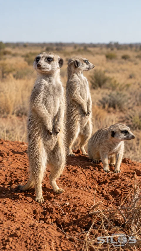 Three meerkats occupy a rust-colored mound, with two standing upright and a third on all fours against softly receding dry scrub.