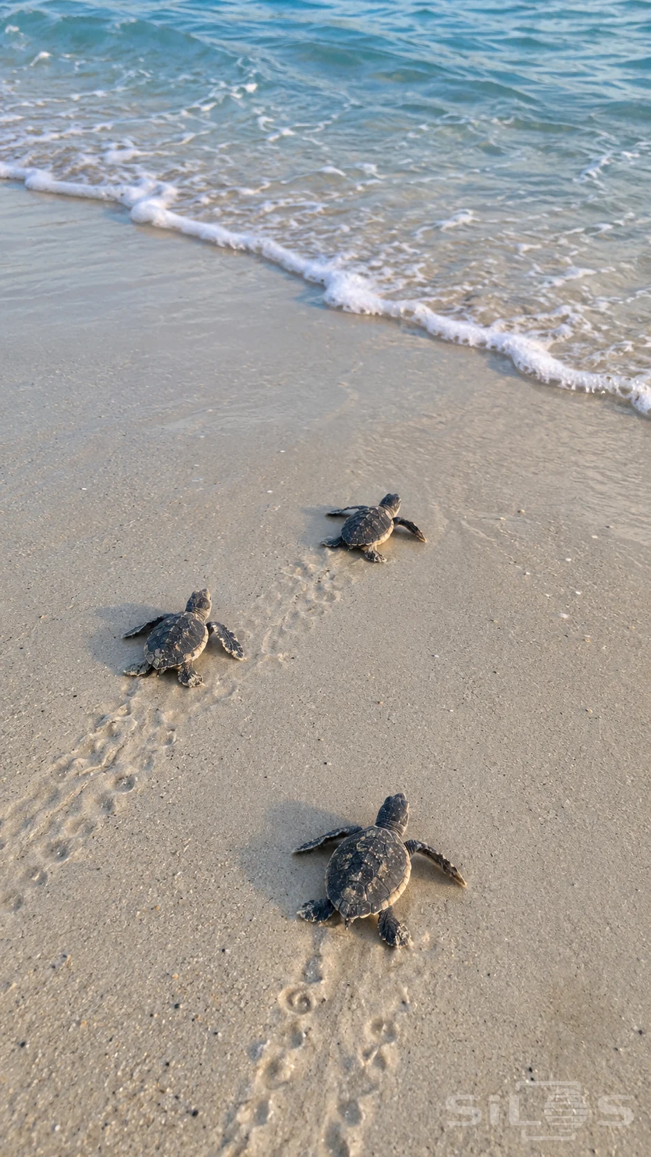 Three sea-turtle hatchlings face receding surf on damp pale sand, with separate flipper trails and turquoise water above.