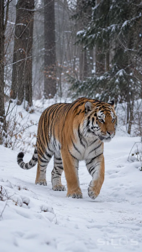 An orange-and-black tiger walks toward the right along a snowy forest path; with one forepaw lifted; its ringed tail inside the frame and dark trunks receding behind.