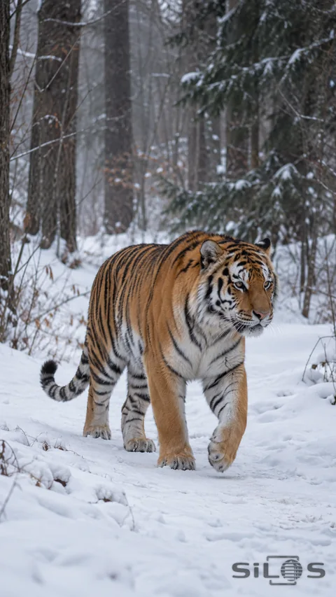 An orange-and-black tiger walks toward the right along a snowy forest path, with one forepaw lifted, its ringed tail inside the frame and dark trunks receding behind.