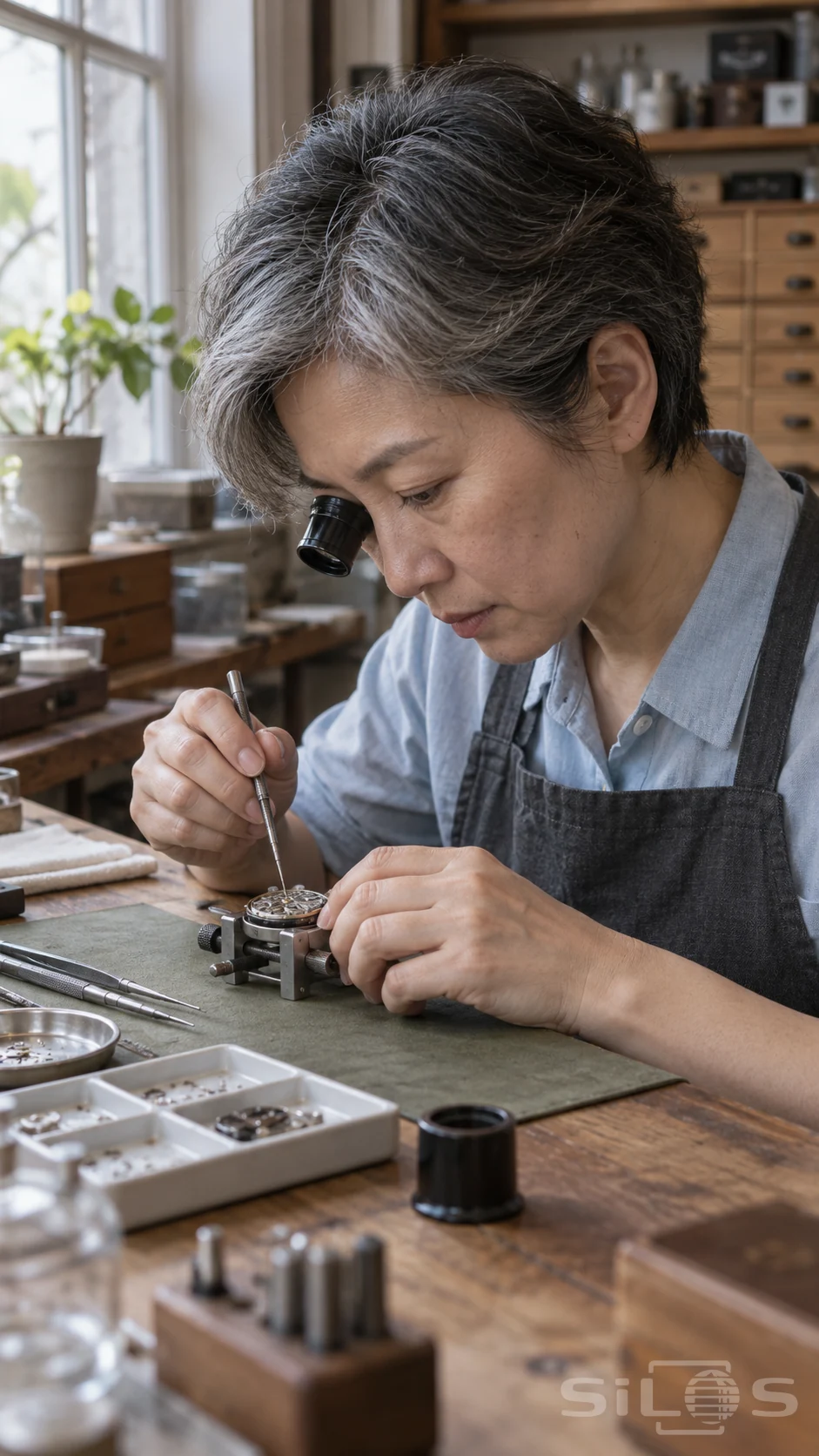 A woman with short graying hair uses a loupe and a thin screwdriver on a watch movement supported in a holder at a window-lit bench.