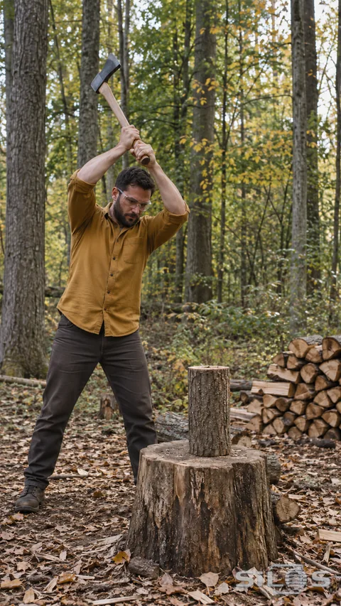 An adult in an ochre shirt raises a wooden-handled axe above a log supported on a chopping stump in a leafy woodland clearing.