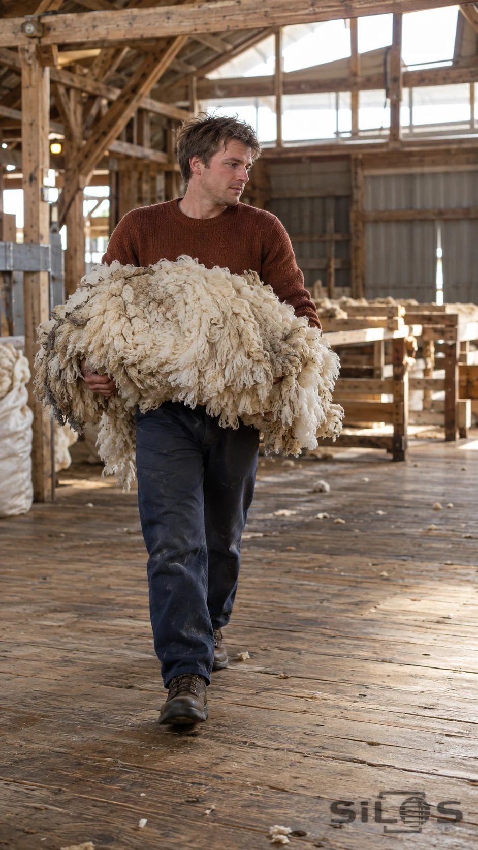 An adult man in a russet sweater carries a broad sagging cream fleece against his torso while walking across a worn wooden floor in a timber wool shed.