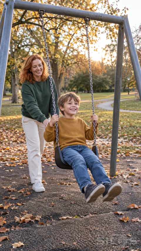 A smiling adult woman stands behind a seated child holding two swing chains, with both people fully visible beneath a steel playground crossbar.