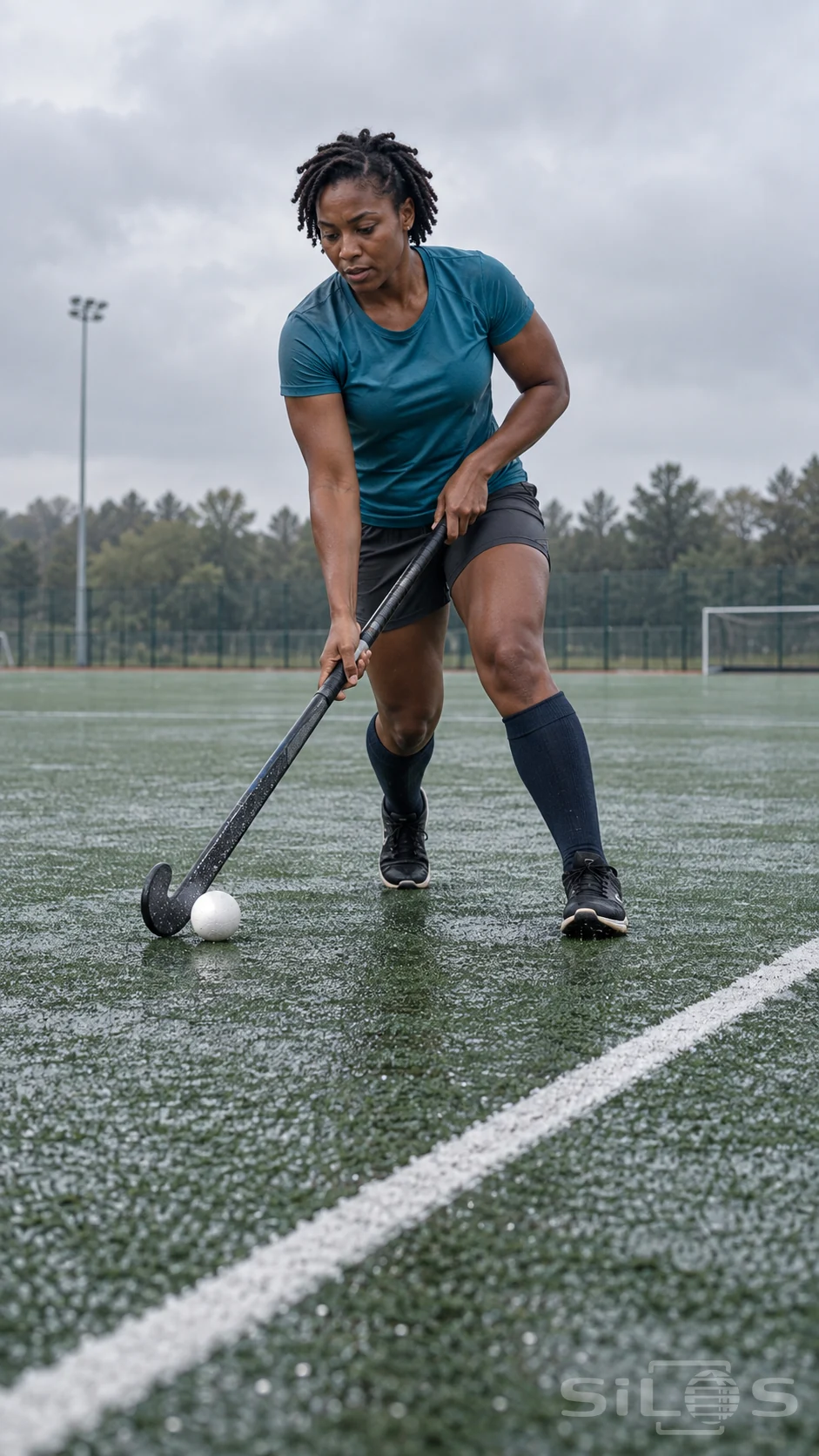 An adult woman in a teal jersey and charcoal shorts controls a white field-hockey ball with a curved stick on wet turf.