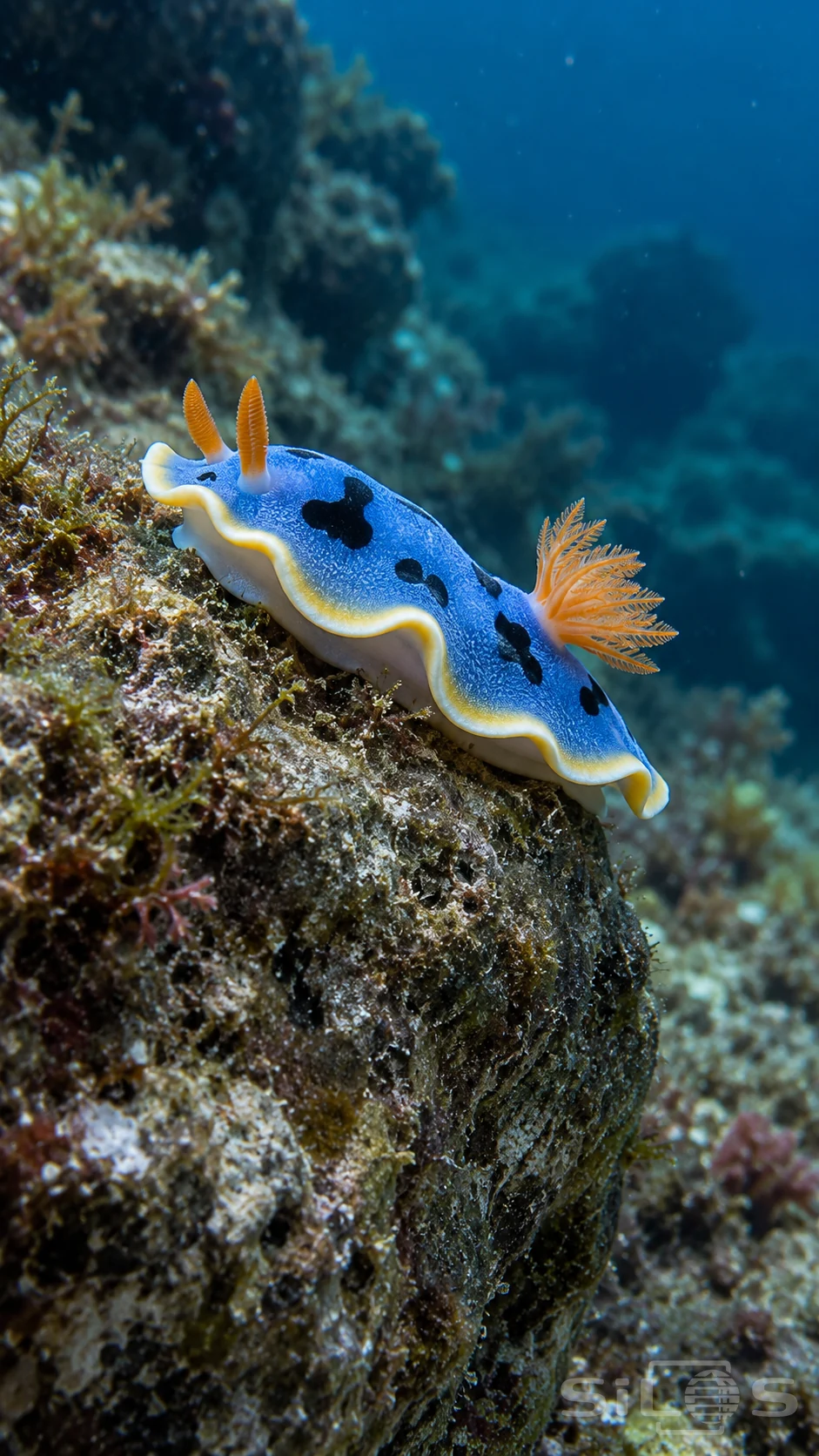 A complete blue sea slug with black mantle blotches, a white-and-yellow rim, two orange rhinophores and a branching orange rear gill crown lies on rough underwater rock against softly blurred blue-green water.