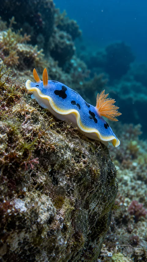 A complete blue sea slug with black mantle blotches, a white-and-yellow rim, two orange rhinophores and a branching orange rear gill crown lies on rough underwater rock against softly blurred blue-green water.