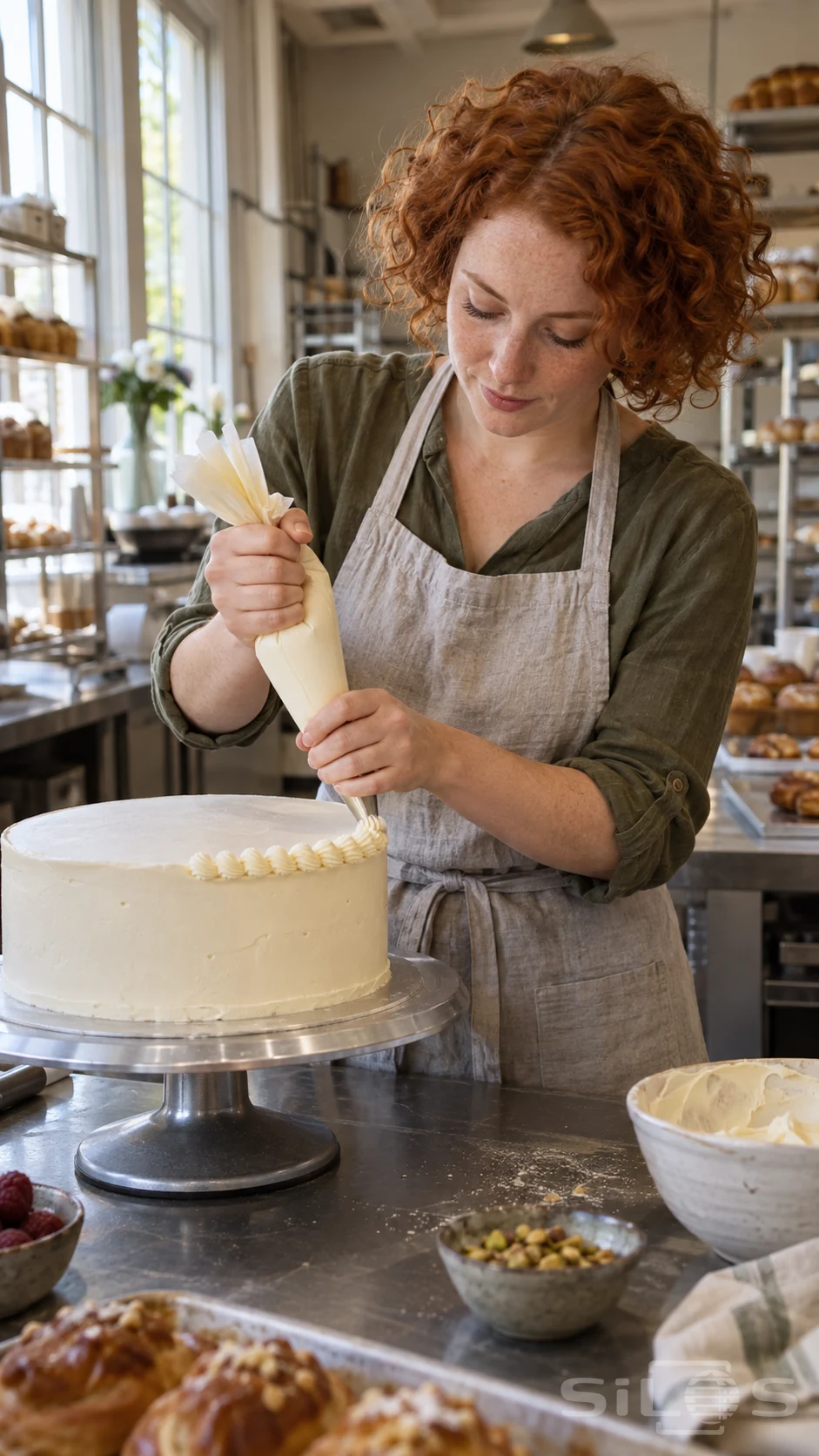 A short curly red-haired adult baker in an olive shirt and gray apron holds a cream piping bag with both hands, piping a border onto an ivory cake on a metal turntable in a daylight bakery.