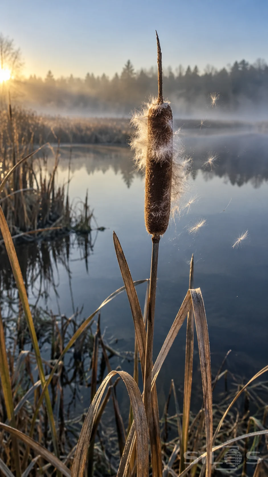 A brown cattail head with pale drifting seed fibers stands among dry reed leaves above a still misty pond in low morning light.
