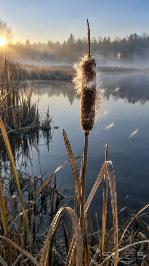 A brown cattail head with pale drifting seed fibers stands among dry reed leaves above a still misty pond in low morning light.