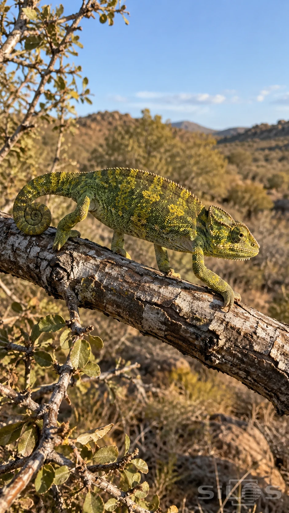 A complete green and yellow mottled chameleon stands laterally on a broad diagonal bark-covered branch above dry scrub, with its eye at right, curled tail at left and soft hills beneath a blue sky.