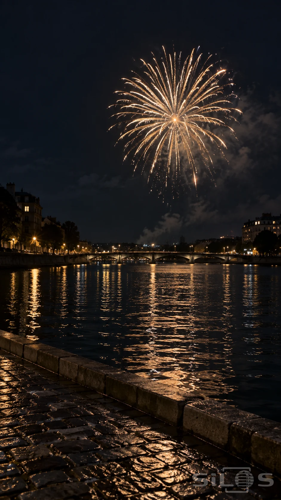 One champagne-gold firework opens in a dark sky above a broad river, a low bridge and wet foreground cobblestones.