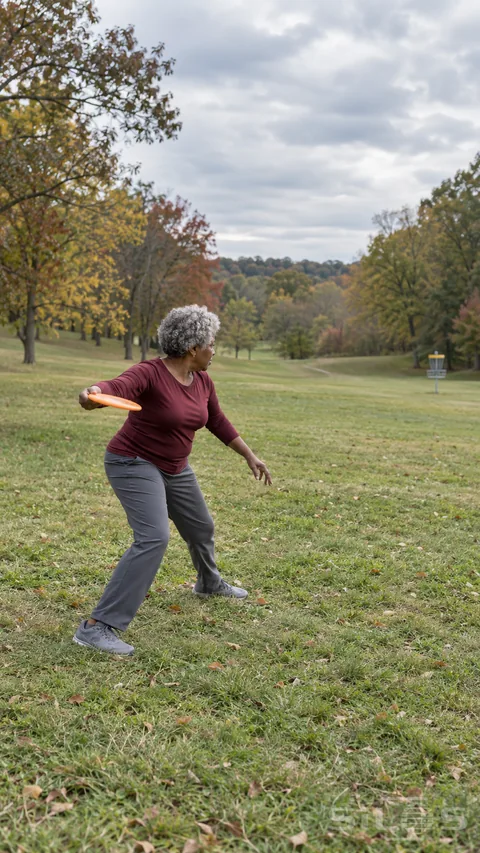 A gray-haired woman in a burgundy top and gray trousers holds one orange disc in a grounded stance on a grassy park fairway, with both shoes visible and a small basket beyond autumn trees.