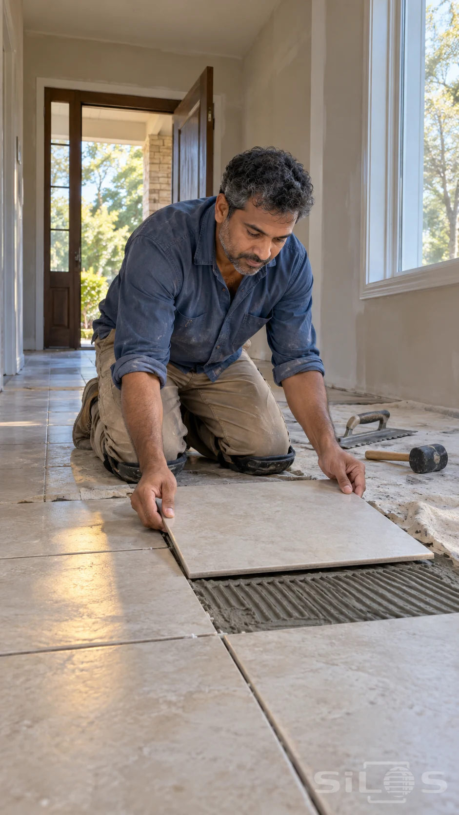 An adult man in a faded blue work shirt kneels on knee pads and holds a pale square floor tile with two separated hands above ridged gray adhesive, with a mallet and notched trowel nearby.
