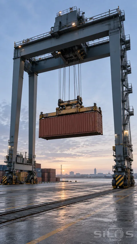 A towering gantry crane lifts one rust-red corrugated shipping container over an empty damp dock lane beside harbor water.