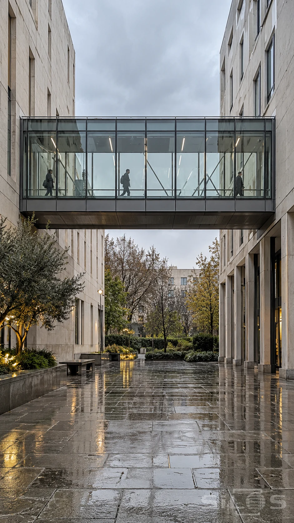 A rectangular glazed skybridge physically joins two pale stone buildings above a wet paved pedestrian court, with three small adult walkers visible behind the glass, connected metal framing, trees and warm low garden lights.