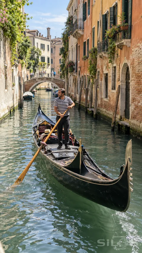 A gondolier guides a black boat along a sunlit canal between weathered buildings and an arched footbridge.