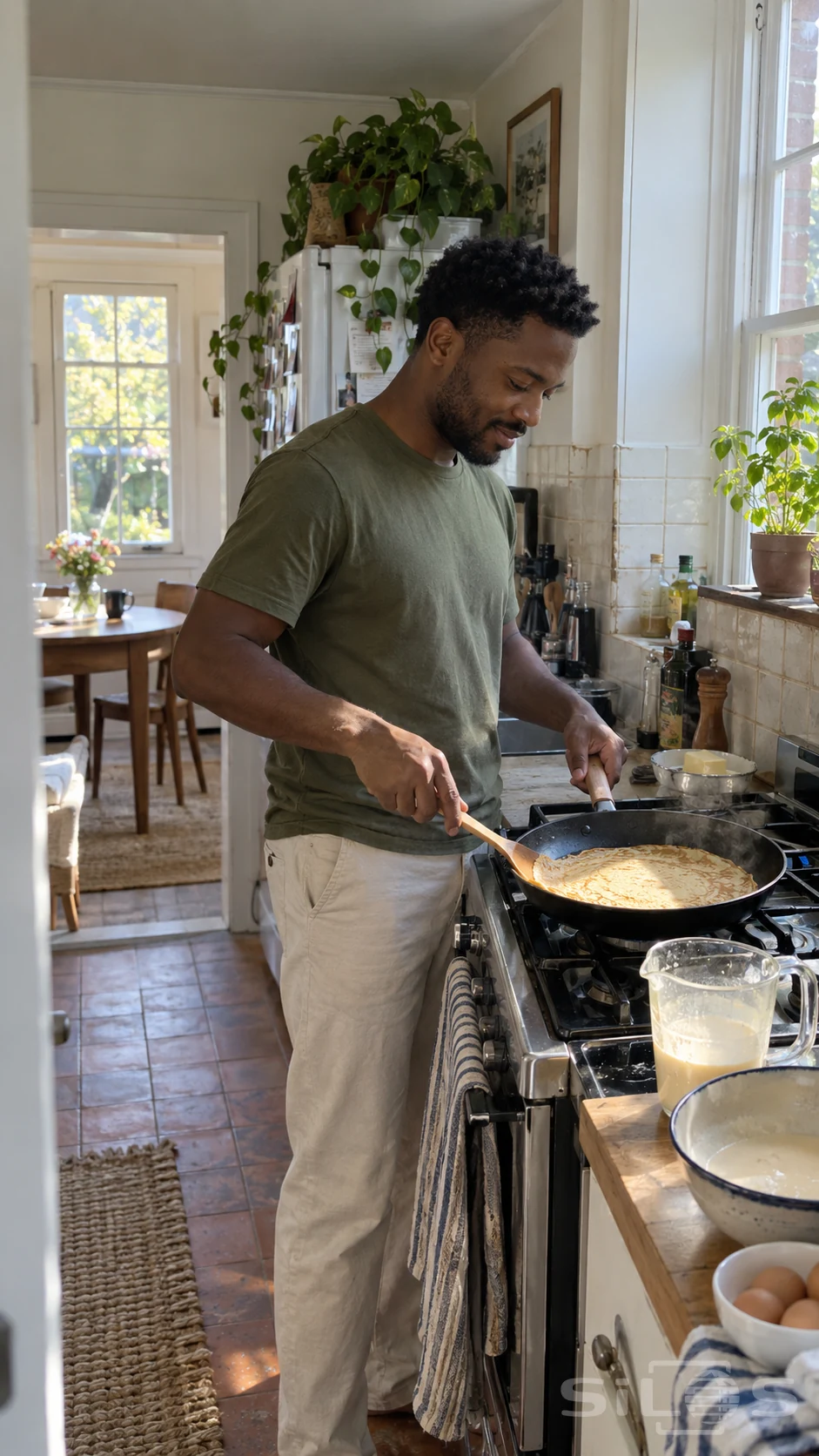 An adult man in a plain olive shirt holds a pan handle and slides a wooden spatula beneath a golden crepe at a stove in a bright home kitchen.