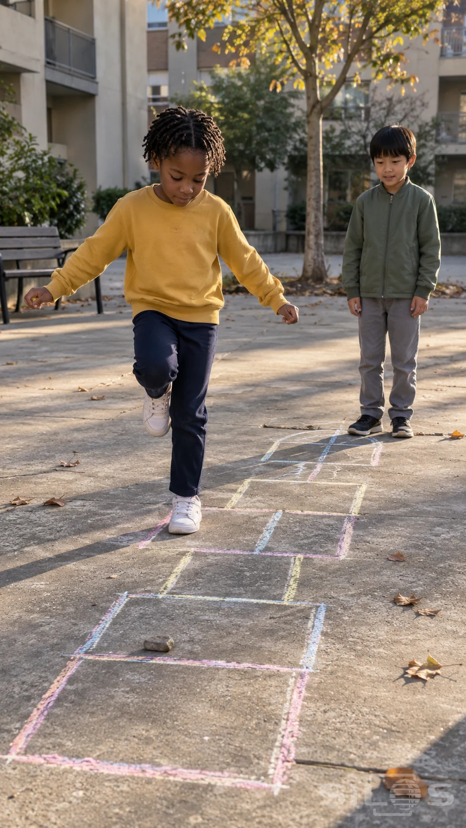 Two children play on pale colored chalk squares in an apartment courtyard: a girl with short twists in a mustard sweatshirt and navy trousers balances with one white sneaker lifted while a boy in a green jacket and gray trousers waits behind, with a tree, bench and long afternoon shadows.