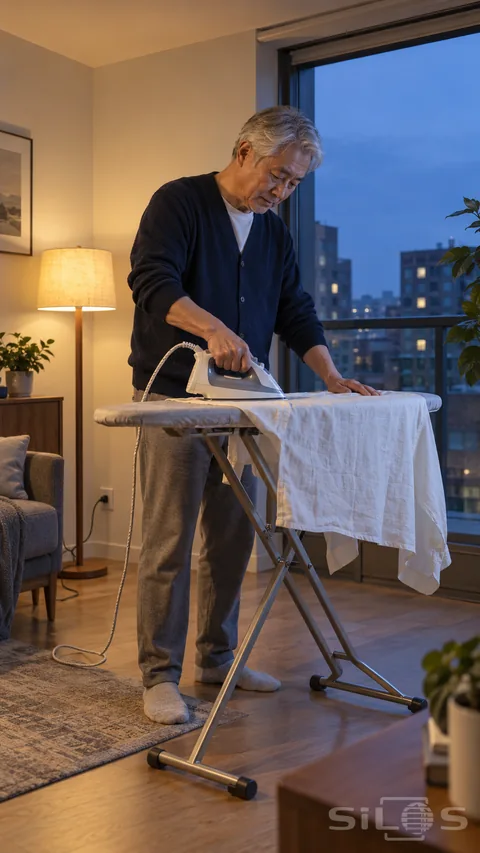 An older gray-haired man holds an iron flat against pale linen on a supported folding board in an apartment, with socked feet visible, a warm floor lamp at left and cool blue evening windows behind.