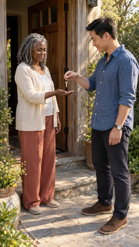 A gray-haired woman in a cream cardigan holds out her palm while a man in a blue shirt lowers a single key on a ring above it, with both adults standing on stone paving beside a timber door and garden pots.